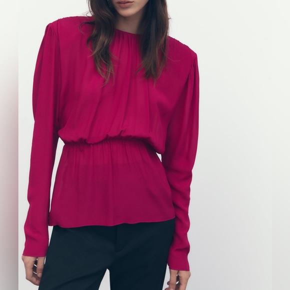 Zara NWT long sleeves shoulder padded open back peplum blouse - Picture 8 of 12